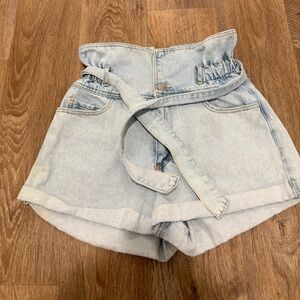 Forever 21 Light Blue High-Waist Paperbag Denim Shorts with Belt